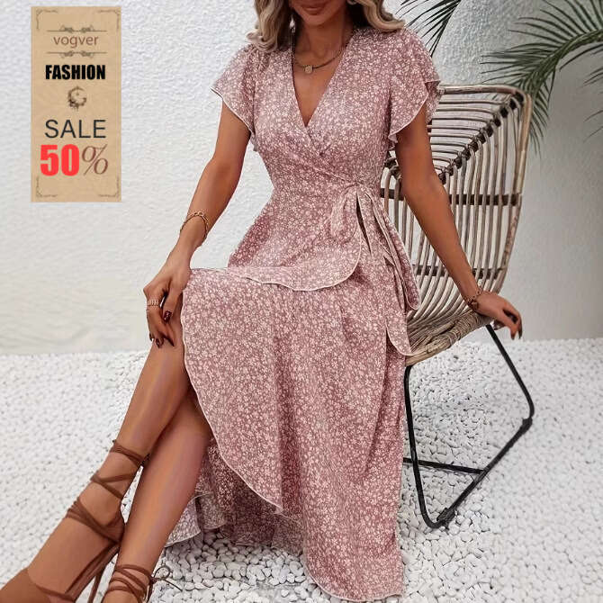 Dress for Women Ditsy Floral V-Neck Cardigan Tie Short Sleeve Bohemian Flared Vacation Dress Casual Beach Getaway Wear