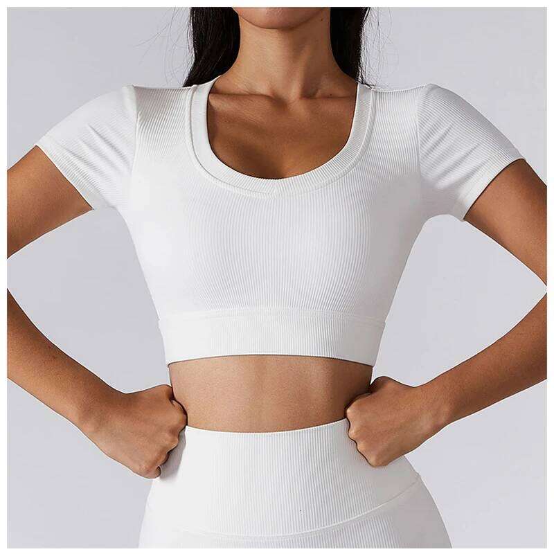 Women's Seamless Tops Short Sleeve Deep V Neck Fitness Crop Top Women Yoga Shirts Sportswear Gym Clothes 25T1226