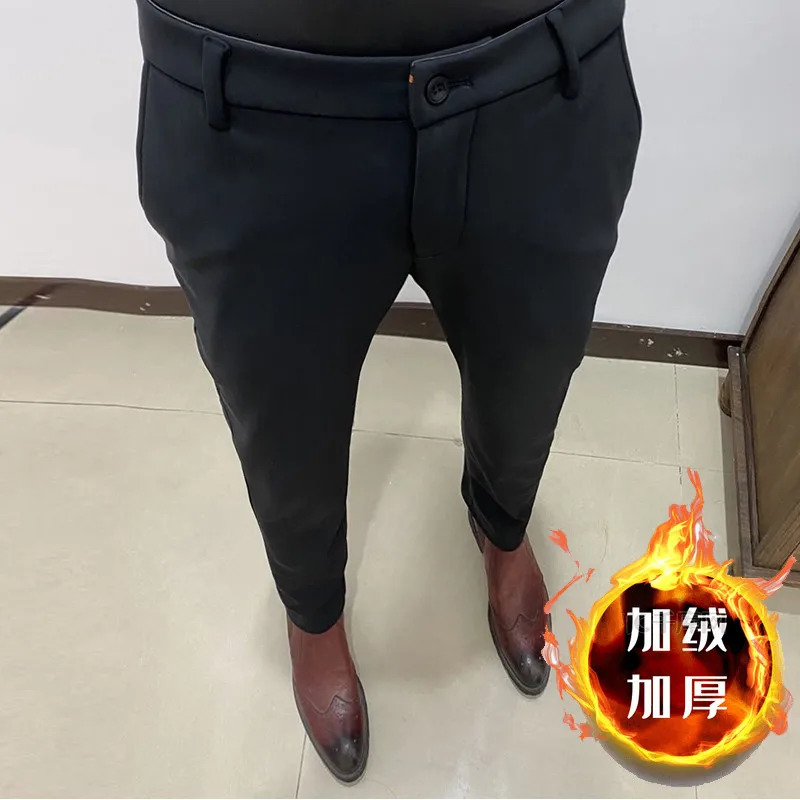Autumn Winter With Velvet Warm Casual Pants High Quality Slim Fit Mens Formal Business Office Social Solid Trousers 251226