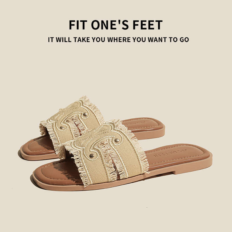 2025 New Genuine Leather Denim One-Strap for Women Summer Outdoor Flat Half Slippers French Style Small Sandals