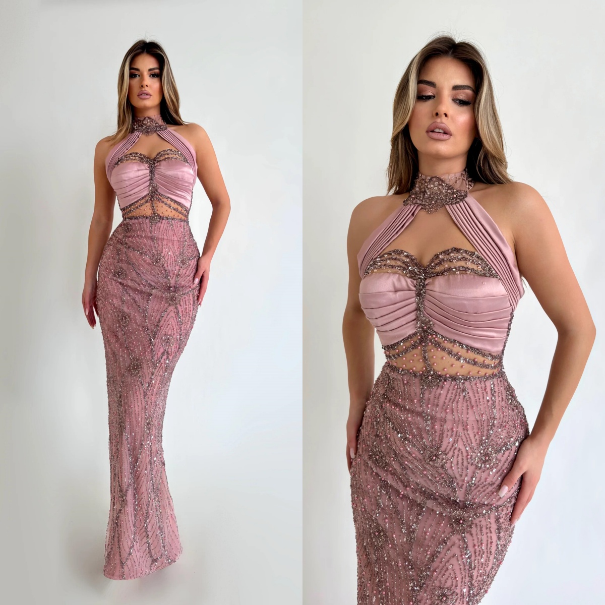 Elegant Sequins Evening Dresses Halter Pearls Prom Dress Sleeveless Slim Fit Customized Mermaid Party Gowns Vestidos De Noche Plus Size