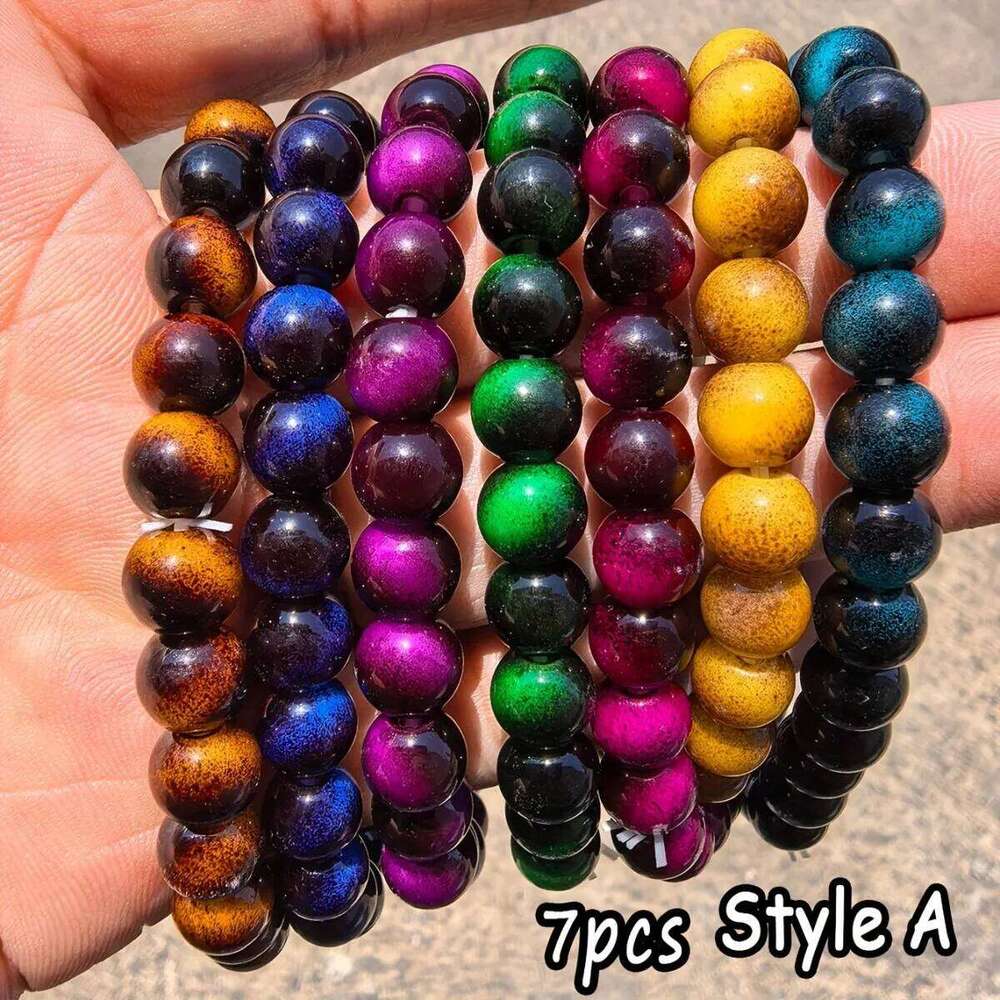 7pcs Glass Colorful Tiger Eye Women Men Couple Good Luck String Beads Braided Bracelet Bangles Unisex Gifts Fo 25T1226