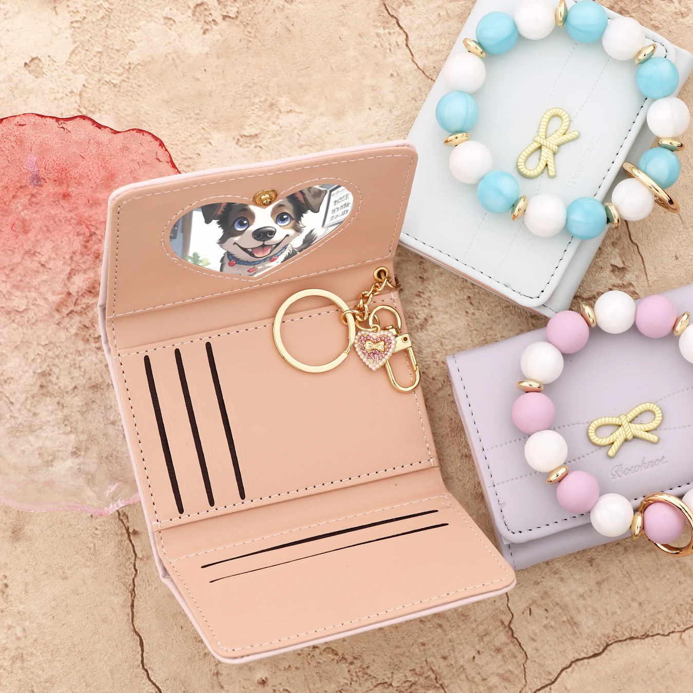 Love pendant bow card bag Leather Card Bag Wristlet Keychain Silicone Beaded Bracelet Leather Tassel Butterfly Wallet Bangle 251225