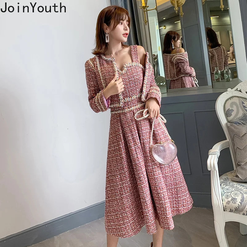 Elegant Suit Womens Clothing 2 Piece Sets Oneck Cropped Coat Slim Waist Aline Pleated Sing Dress Outfits Thicked Tweed Set 251211