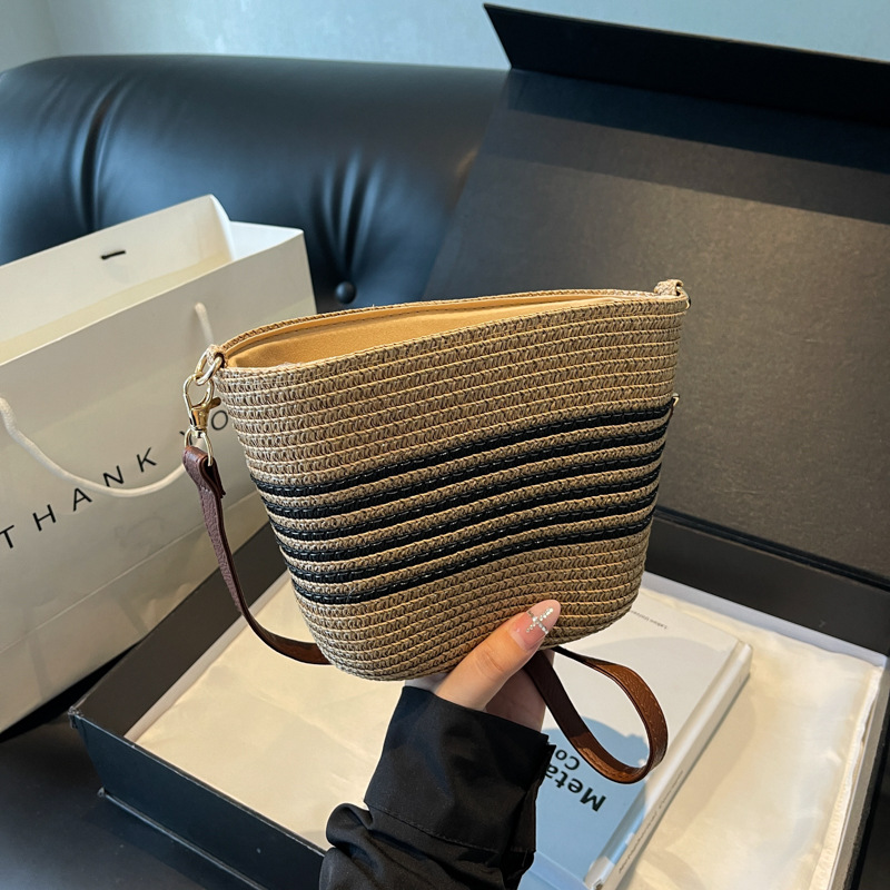 New Retro Stripe Woven Straw Tote Bag, Versatile Beach & Commute Crossbody Bag, Casual Boho Shoulder Purse