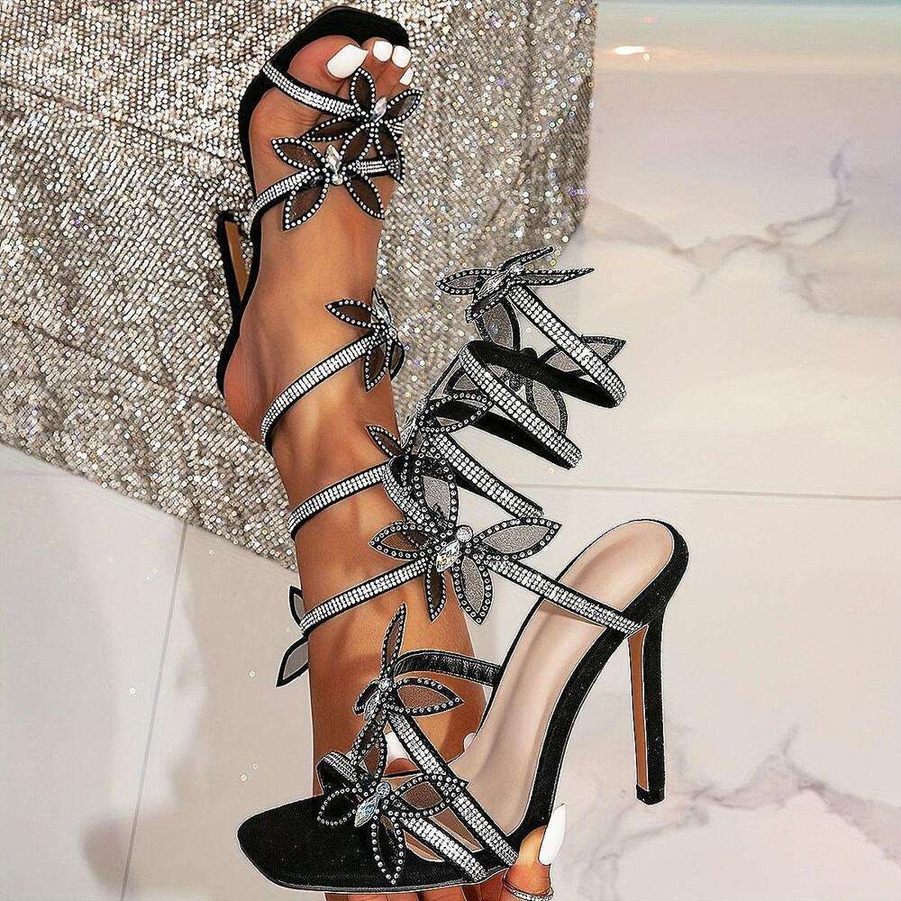 Sexy Fashion Black Rhinestone Butterfly Super High Heel Ladies Catwalk Sandals MOJIDASHU