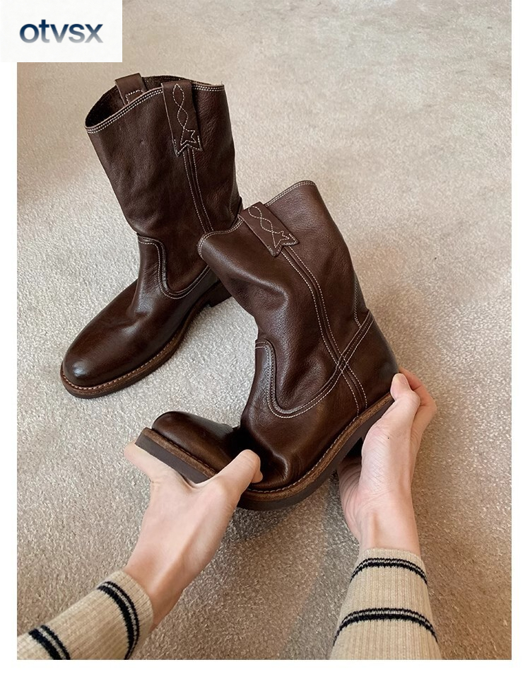 Otvsx French niche design for autumn and winter, paired with leather V-shaped cut Western style boots, thick and elegant luxury women's boots