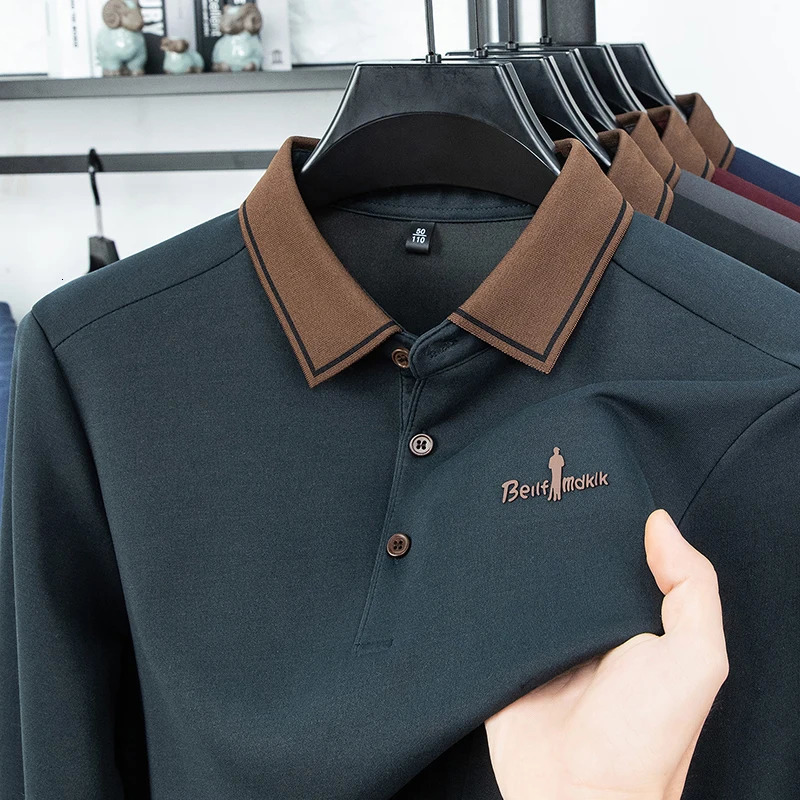 Mens Polo Shirt Long Sleeve Autumn Winter Lapel Collar Button Business Casual Classic Office Warm T-shirt Menswear 251222