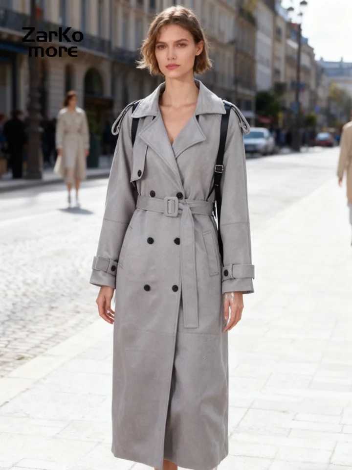 Chic Solid Belt Long Trench Coat Women Lapel Double Breast Full Sleeve Windbreaker 2025 Autumn Winter Lady Commute Coat NewT251226