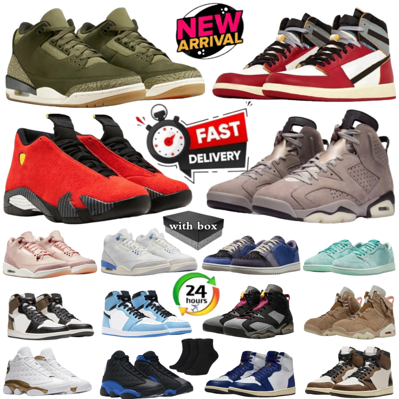 With Box Basketball Shoes 1s 3s 6s 13s 14s for men women Flu Game Smoky Mauve solefly Chaicago Reverse Mocha Washed Teal Olive Pizza Black Fragment Outdoor Sneakers