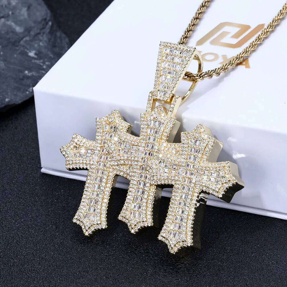 jewelry High Quality 3-in-1 Micro Pave Bling Baguette Cubic Zirconia Cross Silver Gold Plated Brass Diamond Charm Pendant