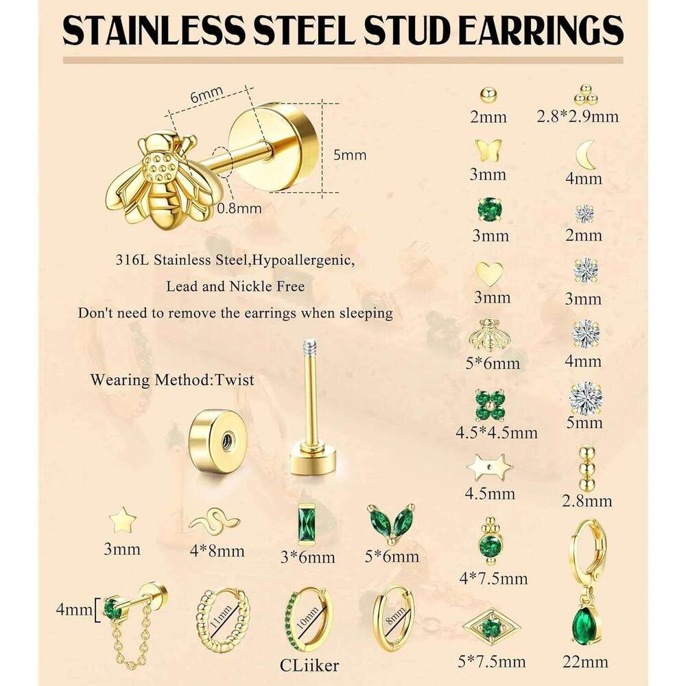 Bobisty 1PC Flat Back Women Hypoallergenic Surgical Steel Earrings for Sensitive Ears 20G Cartilage Small Stud Hoop 25H1226