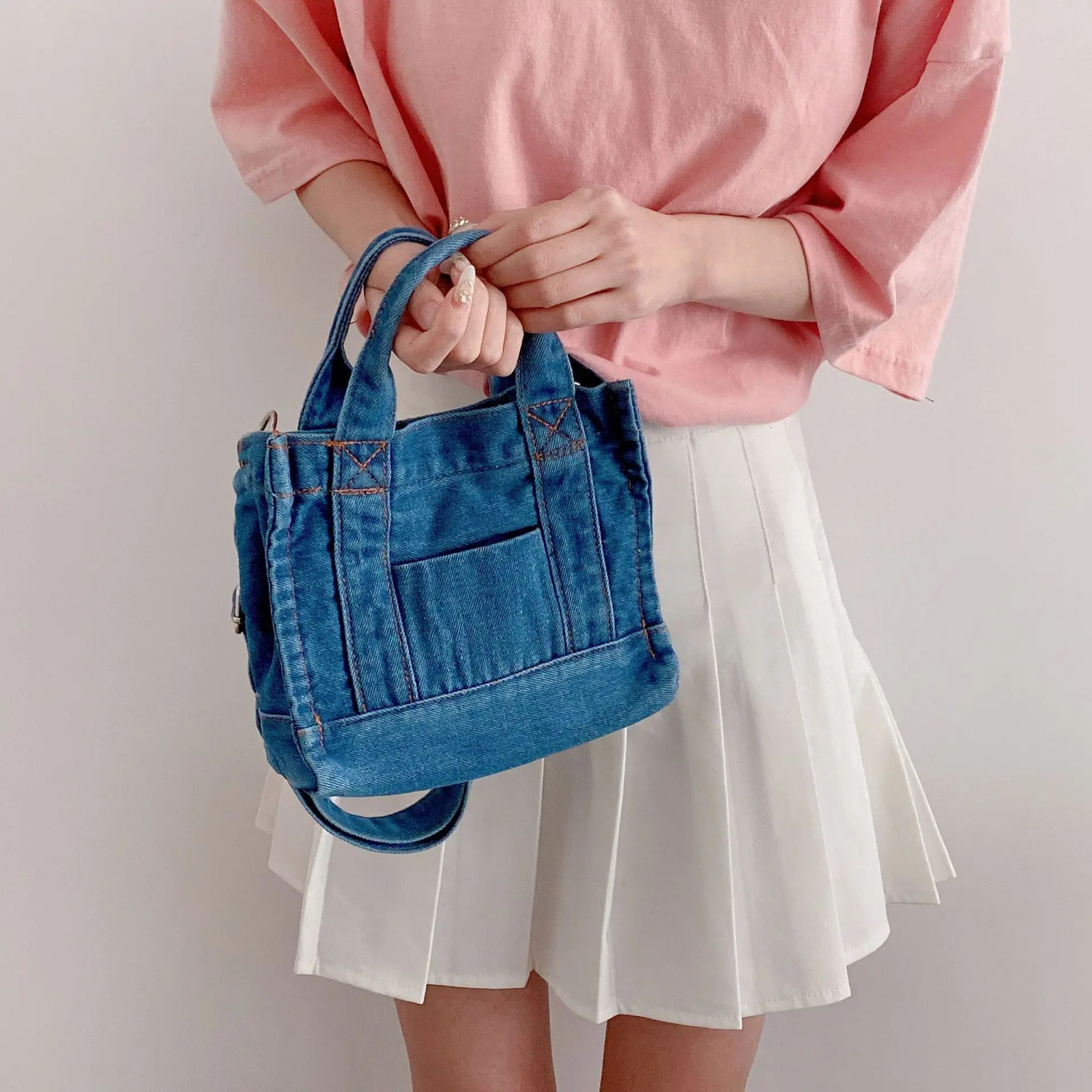 Denim Cloth Women Mini Shoulder Bag Girl Blue Canvas Fabric Handbag Small Casual Tote Detachable Strap Lady Little Zipper Purse 251223