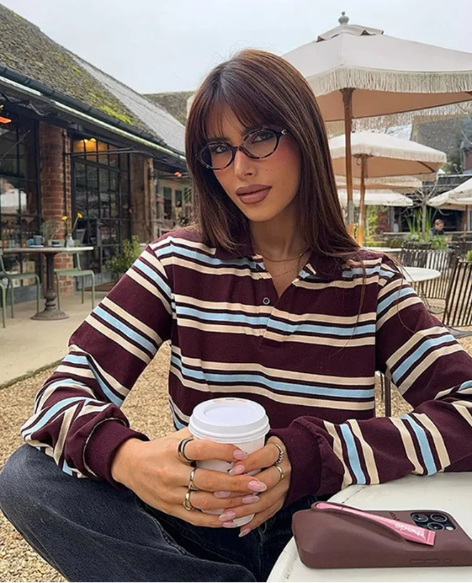 Fashion Stripe Womens T-shirt Casual Long Sleeve Female All Match Polo Shirt 2025 Spring Ladies Loose Tops High Street