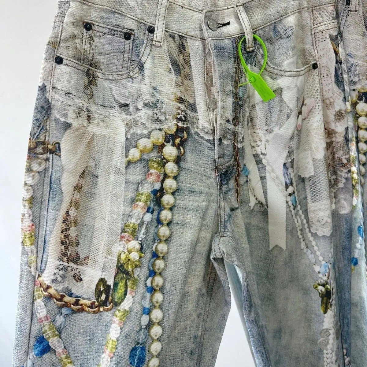 American retro jeans y2k lace pearl chain 3D printed straight scimitar for men and women loose couple trousers 251226