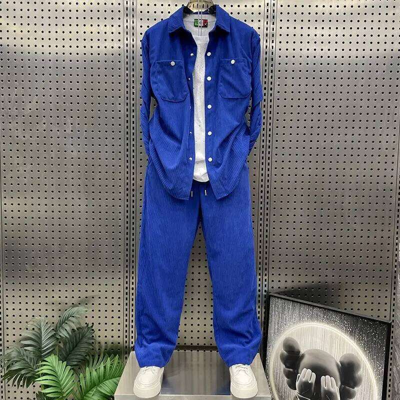 Autumn Winter Thickened Lapel Solid Color Corduroy Casual Suit Trendy Men's Fashion Versatile Jacket Trousers Two-Piece Set
