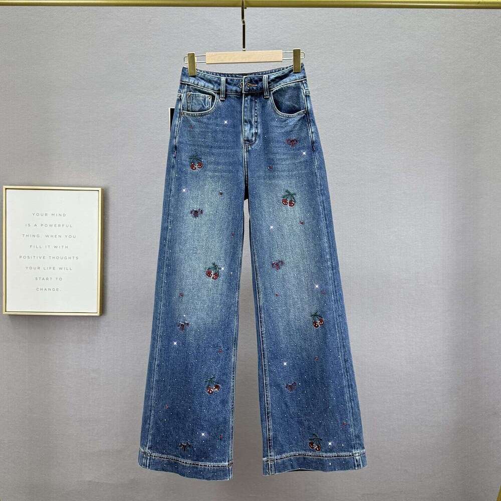 Embroidered Rhinestone Denim Wide-Leg For Women Autumn New High-Waisted Loose Slimming Ins Hong Kong Style Extended Pants