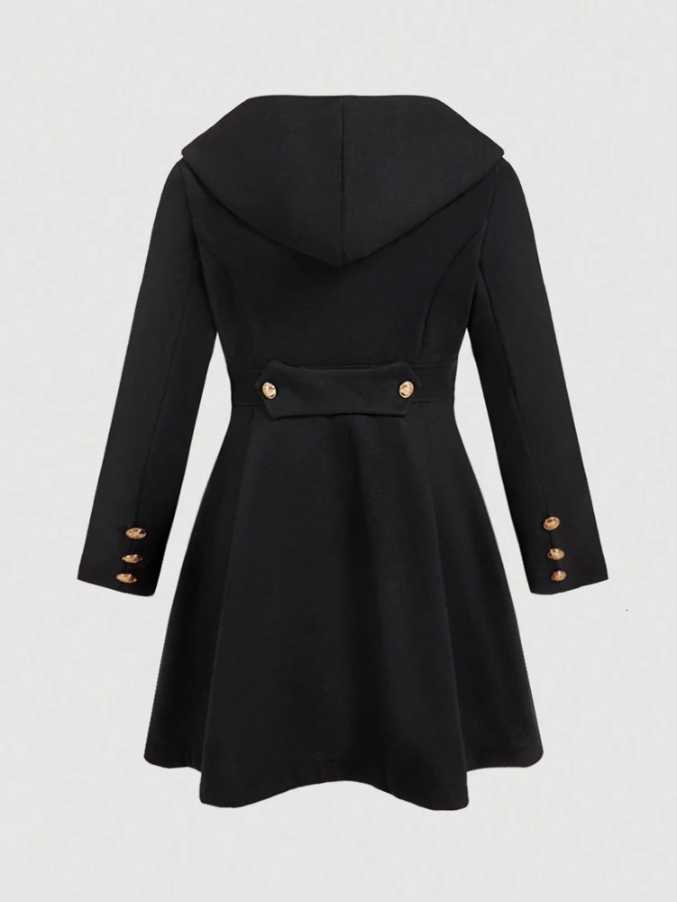 Plus size Winter Ms tweed trench coat Pure colour hooded fur splicing Elegant Warm Double-breasted 251222