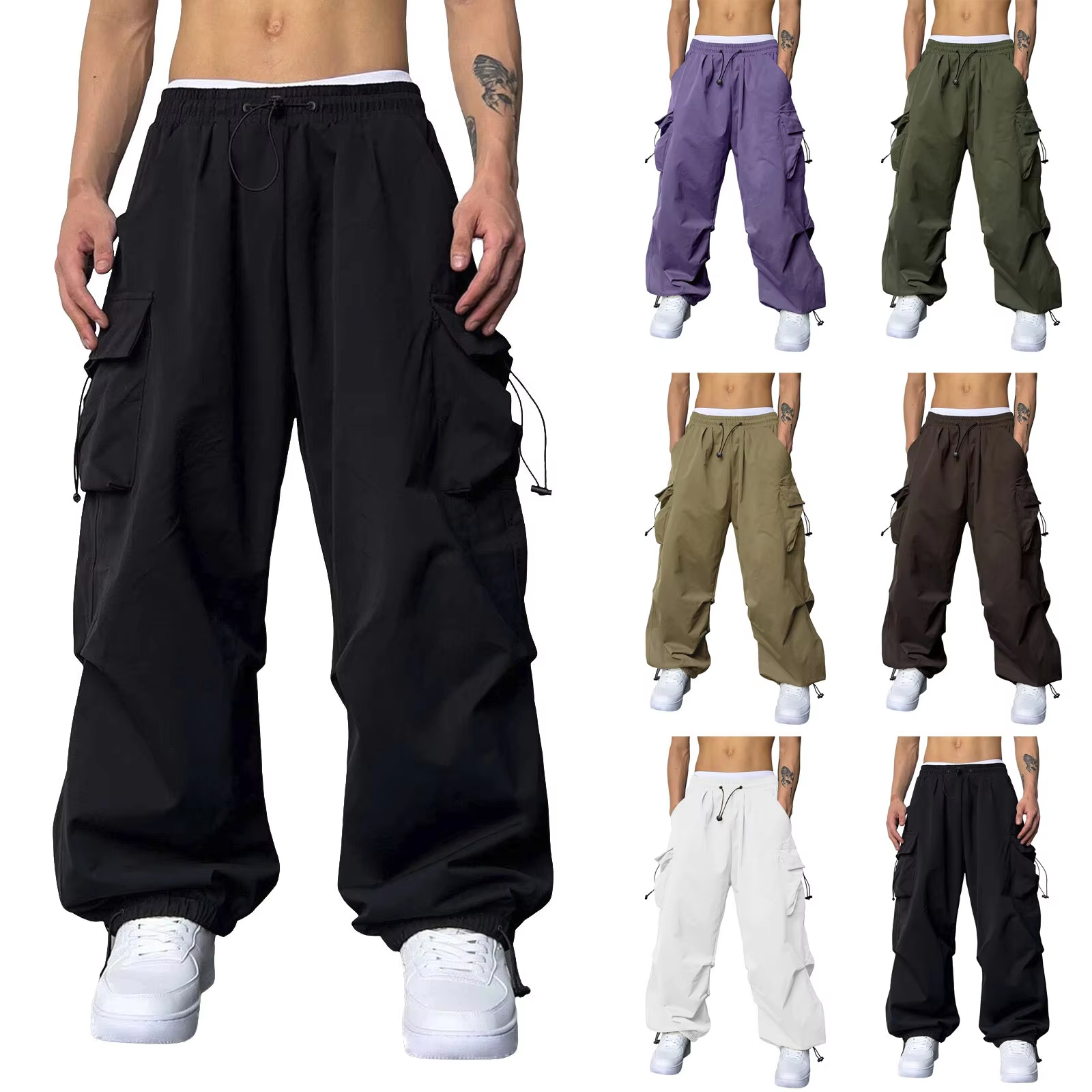 Summer Quick Drying Work Pants Men's American Parachute Pants High Waist Wide Leg Casual Sports Long Pants