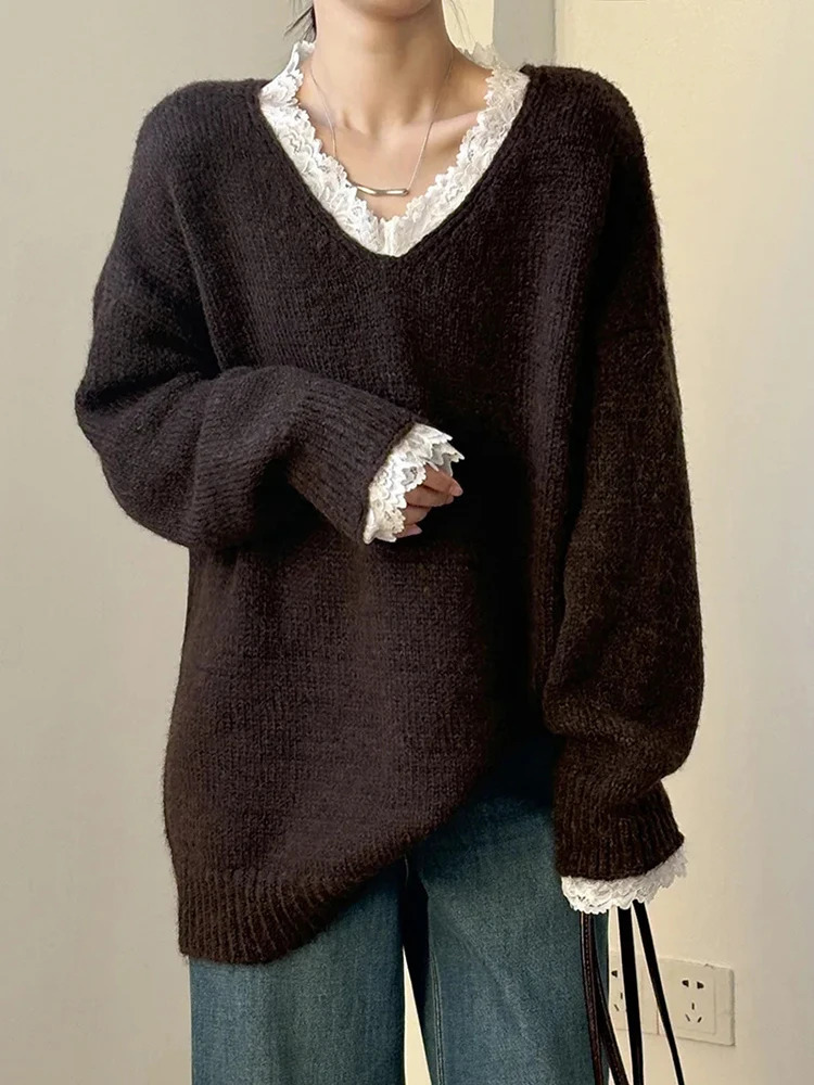 Aoaiiys Sweaters Women V Neck Lace Spliced Pullovers Vintage Chic Knitted Jumpers Autumn Winter Comfortable Loose Sweaters 251225