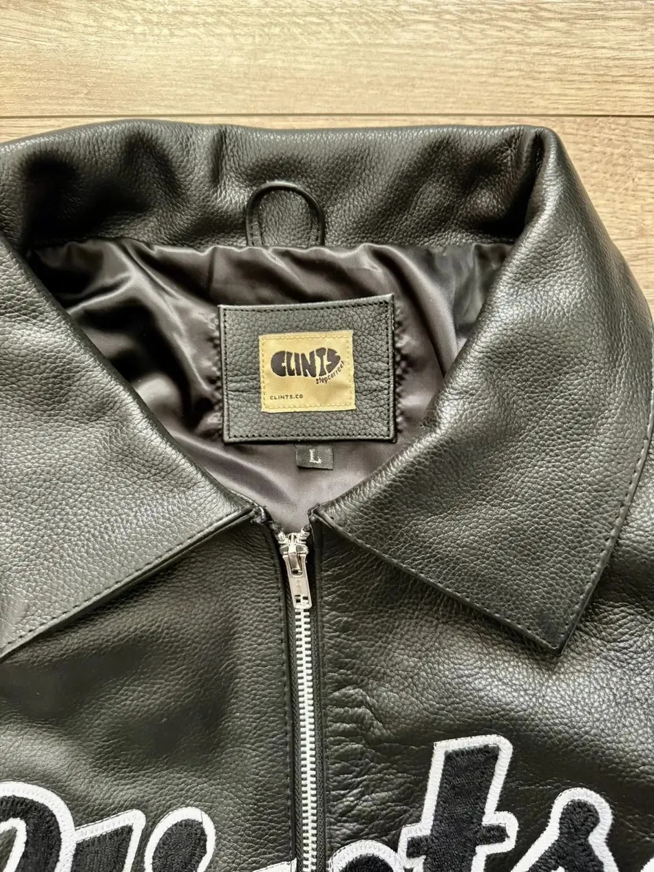 Men Retro Leather Bomber Jacket with Embroidered Star Black Zip Coat Street Style Autumn Winter Casual Outerwear Bold Urban Look 251223