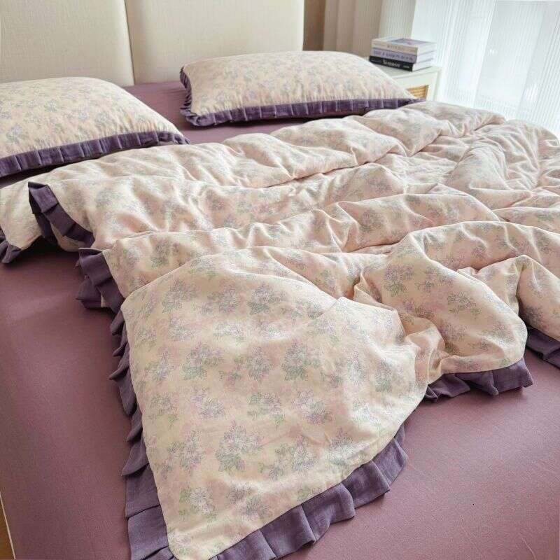 Double Layer Gauze Bedding Four-Piece Quilt Cover Solid Color Cotton Wrinkled Lace Princess Sheet Bed Skirt Three-Piece Set Free Shipping Manufacturer