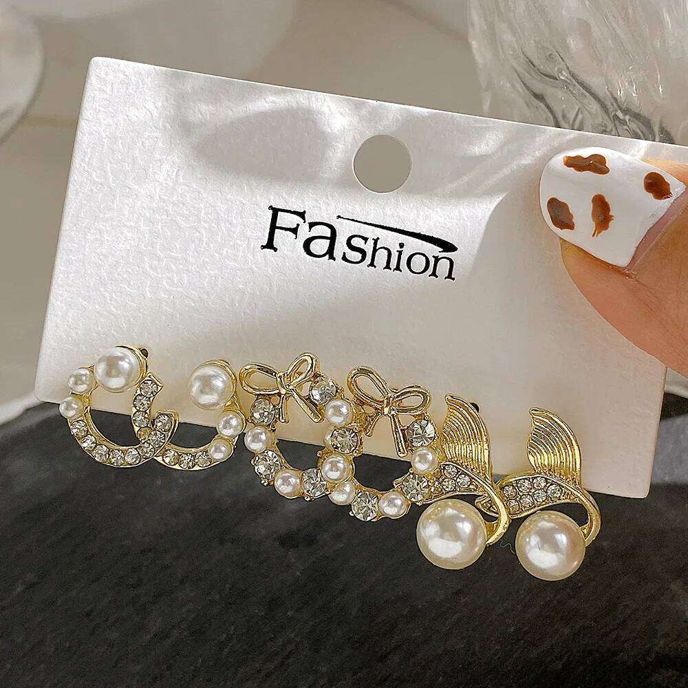 LATS Bow Fishtail Pearl Moon for Women Popular Gold Color Crystal Earrings Set Fashion Jewelry Accessories Gifts 25H1226