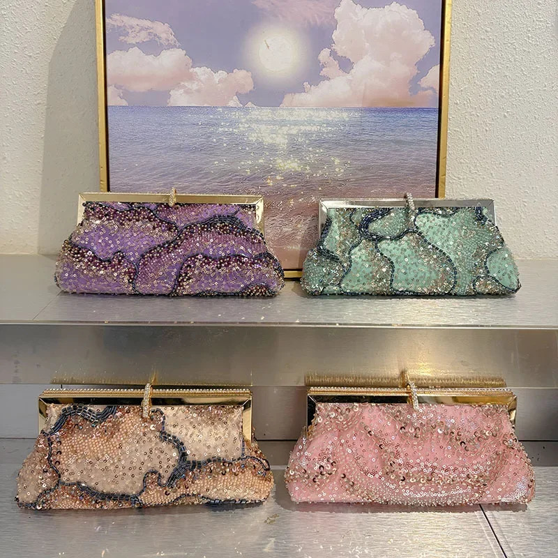 Shiny Sequin Handmade Bead Qipao Elegance Evening Handbag Chinese Retro Handheld Banquet Crossbody Bag Party Shoulder Bag 251223