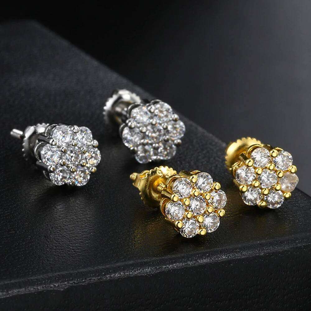 7mm Cubic Zircon Earring For Man Woman Gold Color Rock Hippop Flower Micro-inserts Fashion Jewelry Ear Stud Accessories 25H1226