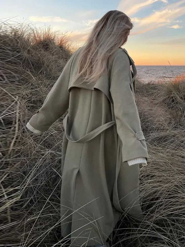 Street Double Breasted Belt Overcoat Women Loose Solid Lapel Full Sleeve Pocket Long Jacket 2025 Autumn Winter Lady Trench CoatT251226