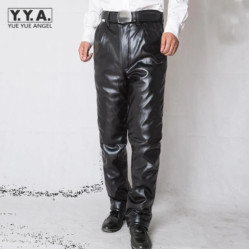 Winter Fleece Liner Motorcycle Pants Men High Waist Warm Windproof Waterproof Pu Leather Mens Straight Trousers Plus Size 251226