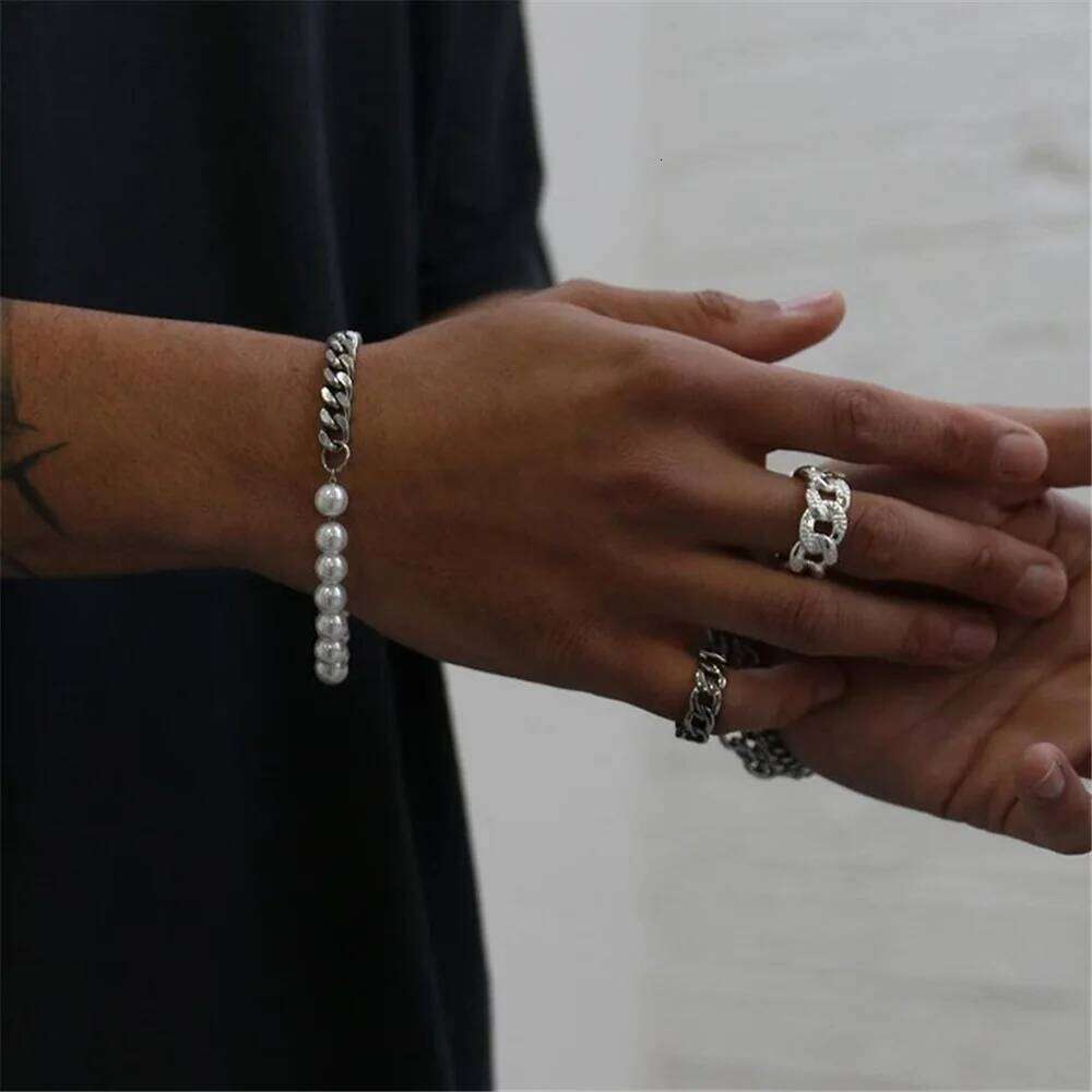 Simple Stainless Steel Pearl Stitch Silver Color Men Cuban Chain Bracelet Retro Party Jewelry Men's Fashion Accessories 25T1226