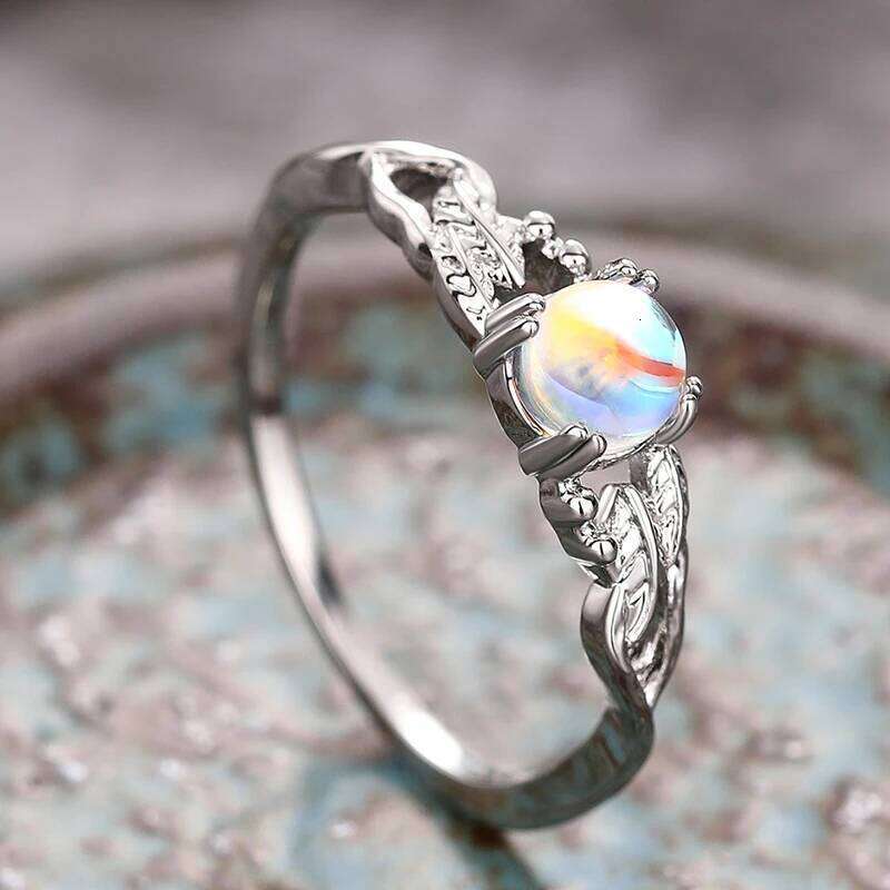 Huitan Imitation Moonstone Women with Delicate Leaves Creative Design Temperament Elegant Female Rings Vintage Jewelry