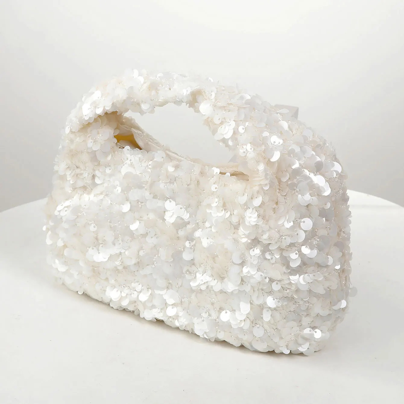 Women White Sequins Hobo Handbag Shiny Bucket Bag Elegant Evening Clutch Bag for Wedding Party Exquisite Small Tote Female Purse 251223