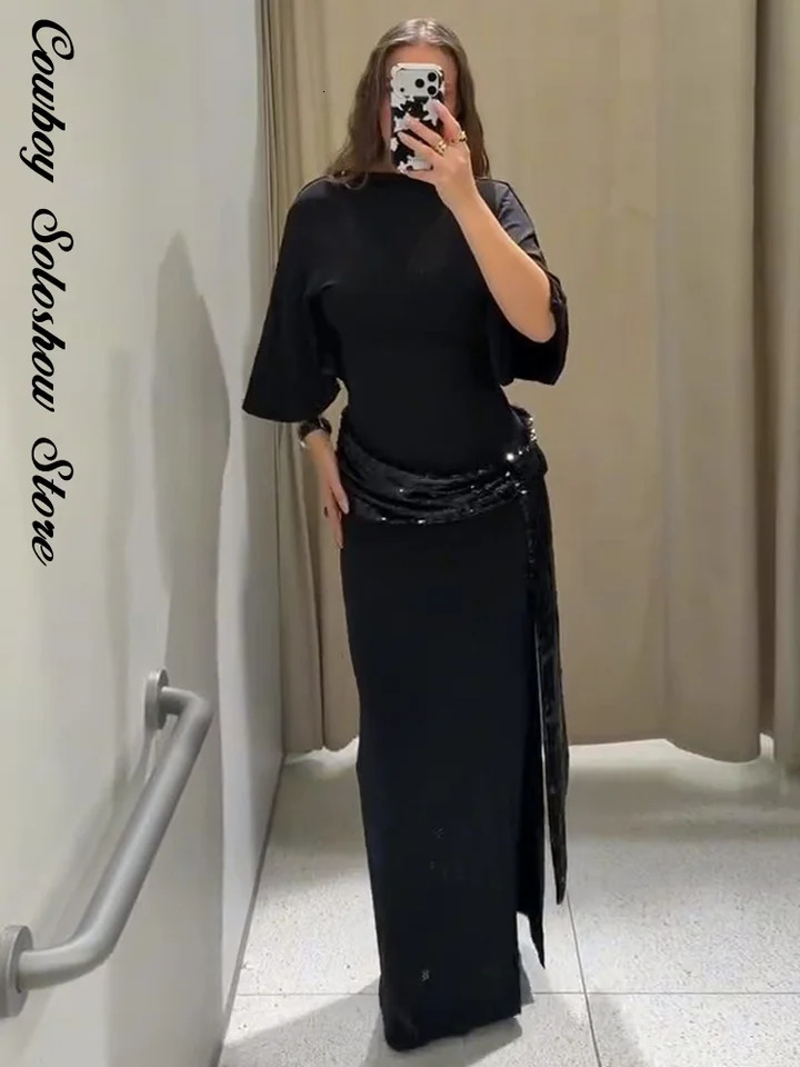 Women Backless Sequin Patchwork Maxi Dress Elegant Wide Sleeve Long Gowns Feminine Fashion Evening Party Daily Robes 2025 251225