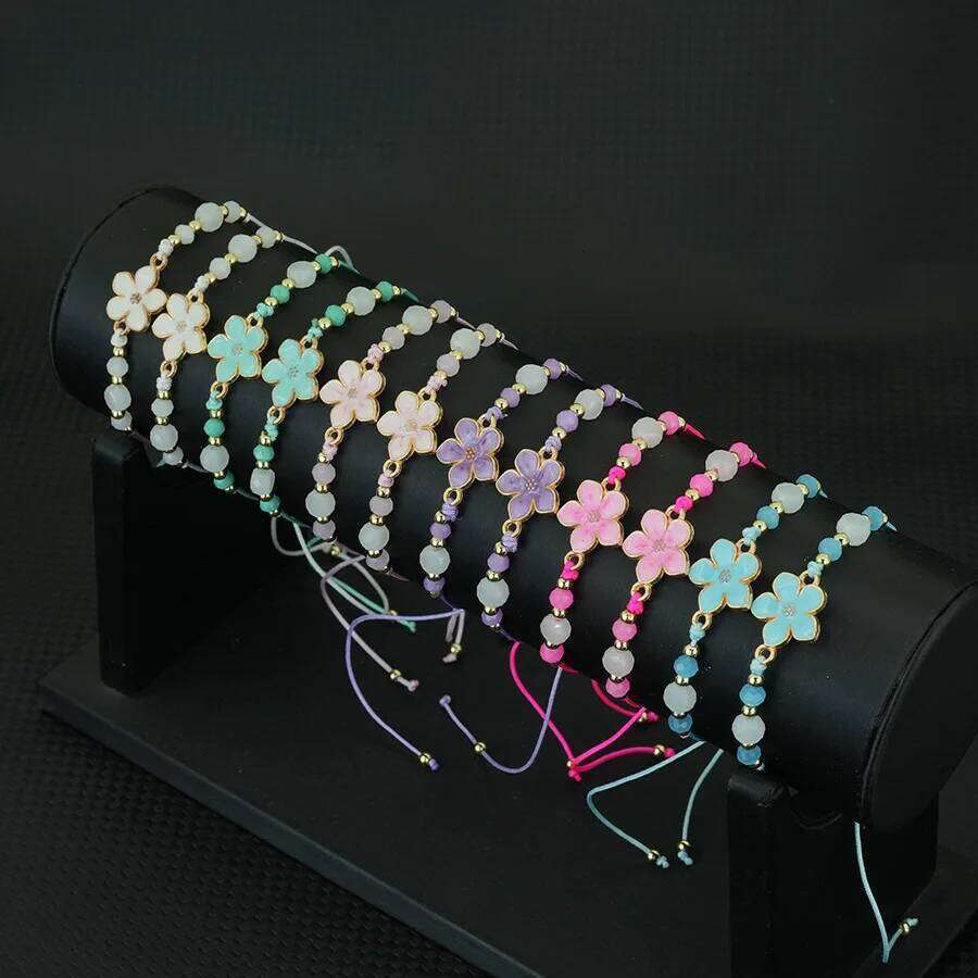 12pcs/Dozen Delicate Flower Women Bracelet Kids Jewelry Adjustable Braided Thin Rope Beaded Braclet Friendship Gift 25T1226