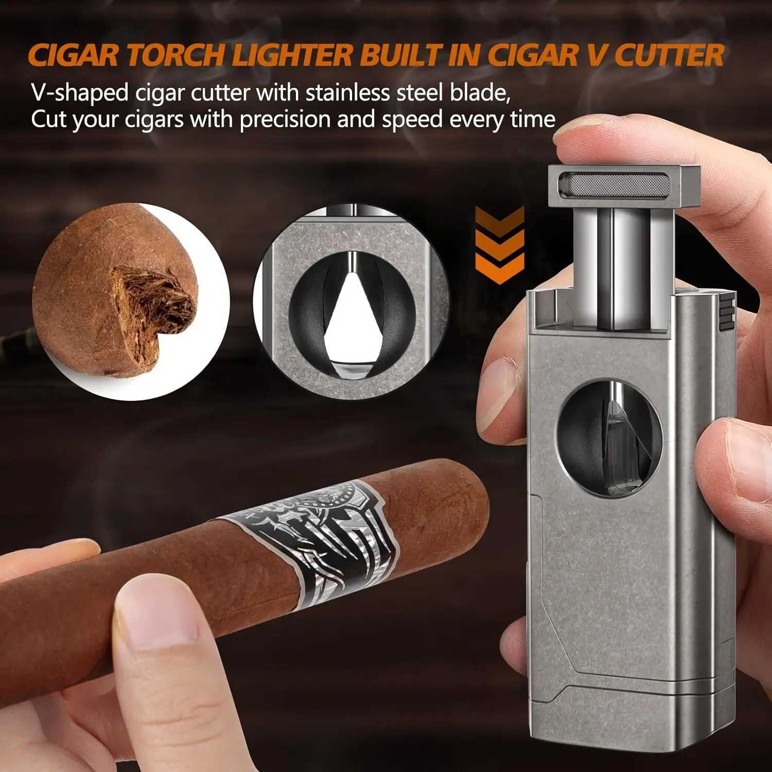 Scotte Cigar Lighter 4 Jet FlameRefillable Butane Lighter with Cigar Cutter V Cut Cigar Punch Cigar Holder Cigar Draw Enhancer Y251218
