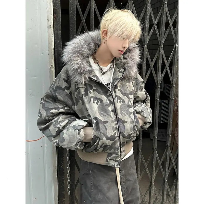 american Winter camouflage Fur Hooded Jacket Men Outerwear Thick Short Parkas Coat Faux Collar Parkas Casual Aesthetic Retro 251223