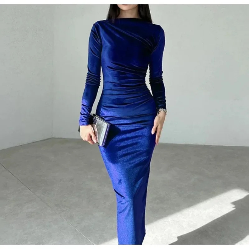 Elegant Solid Slim Fit Pleated Midi Party Dress Autumn Fashion O Neck Long Sleeved Evening Dresses Classic Ruched Bodycon Dress 251222