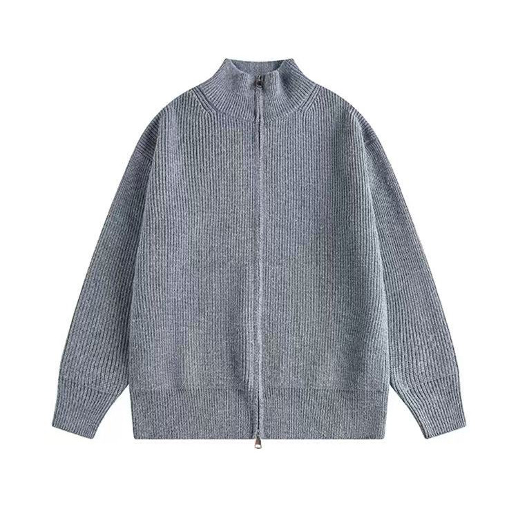 Men's Solid Color Zip-Up Cardigan Sweater, Autumn & Winter Bestseller, Loose-Fit Stand-Up Collar Streetwear Jacket