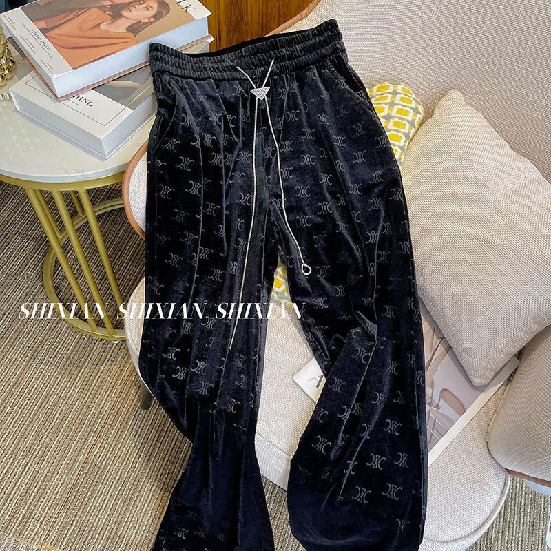 2024 Autumn Winter Fashion HighEnd Black Velvet WideLeg Pants Women High Waist Draped Casual FloorLength Trousers 241212