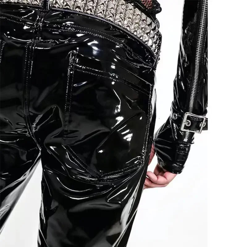 Mens Glossy PVC Leather Wet Look Sleek Biker Pants Rock Punk Stage Club Low Waist Gothic Stretch PU Trousers Custom 251226
