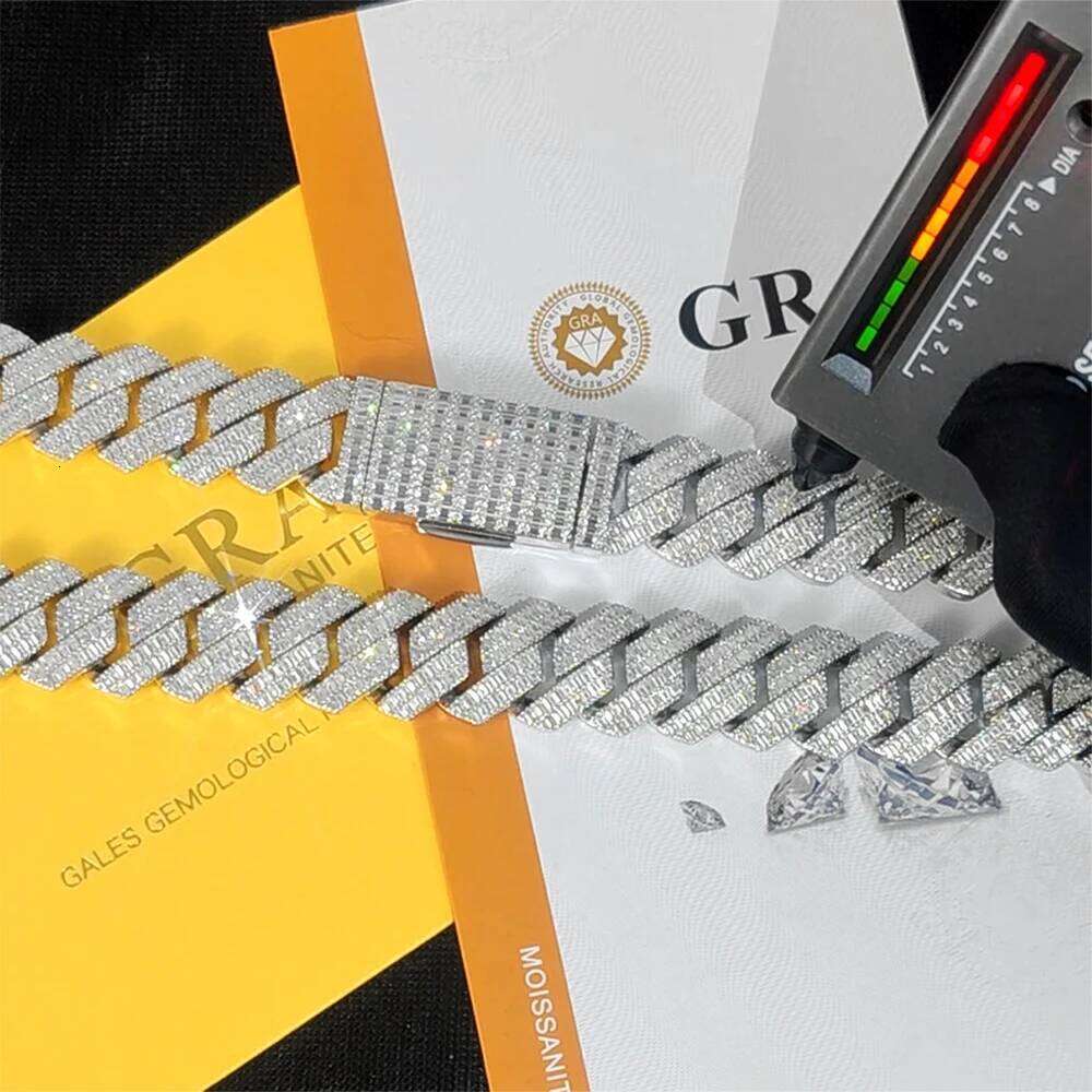 VVS Moissanite 20mm 2 Rows Chain Rectangle Diamonds 100% 925 Silver Cuban Necklace with GRA Certificate Jewelry