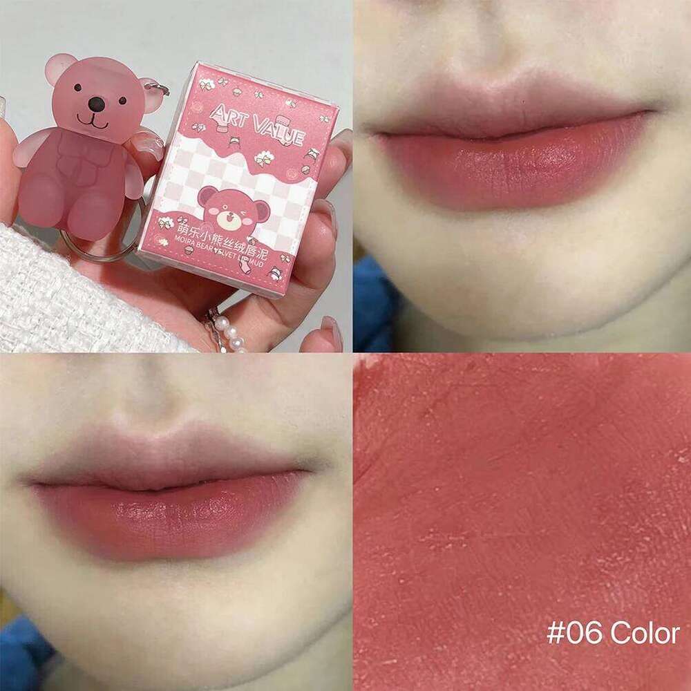Cute Bear Velvet Mud Keychain Matte Nude Red Lip Gloss Autumn Winter Non-stick Cup Lipstick Waterproof Lasting Lips Makeup 25H1226