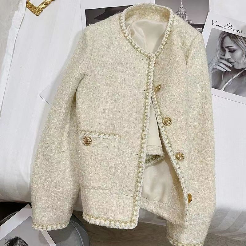 European and American Fashion Chain Edge Decoration Bow Tie Nail Bead Small Fragrant Wind Coarse Tweed Jacket Coat 240806