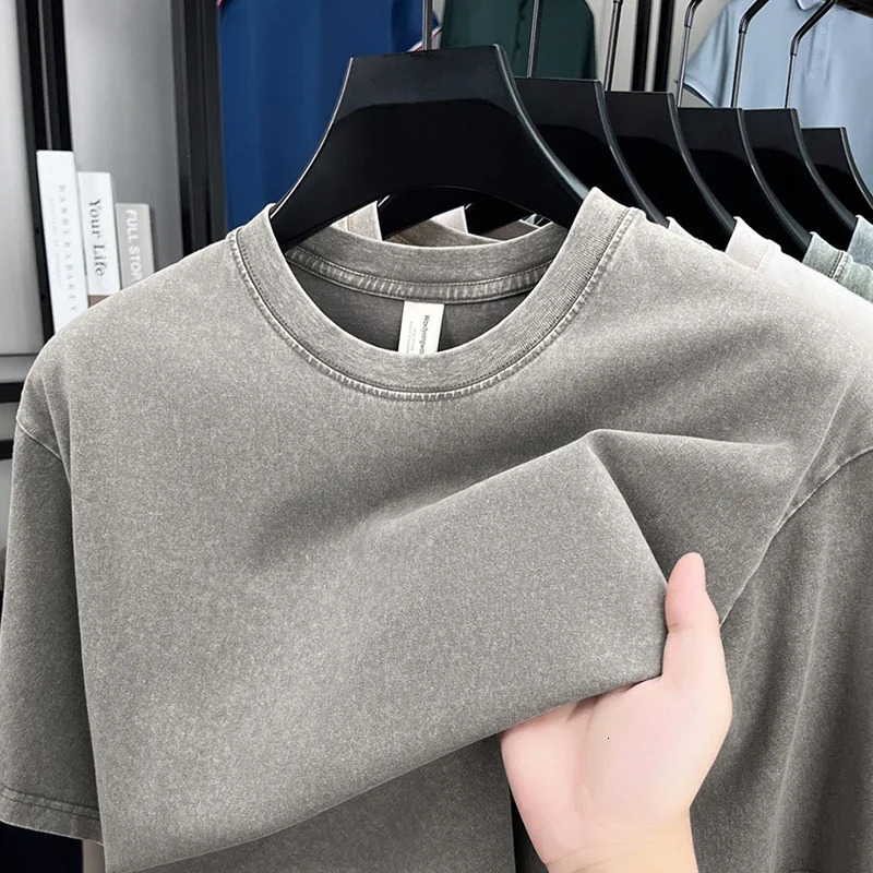 American Style Retro Heavyweight Solid Color Short Sleeved T-shirt Men Women Summer Street Trendy Washed Old Oversized Clothes 251222