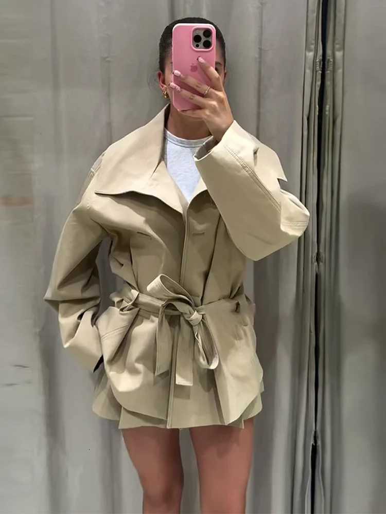 Elegant Office Womens Cropped Trench Coat Jackets Oversized Wide Lapel Self Tie Waist Jacket Vintage Lace-up Autumn OuterwearT251226