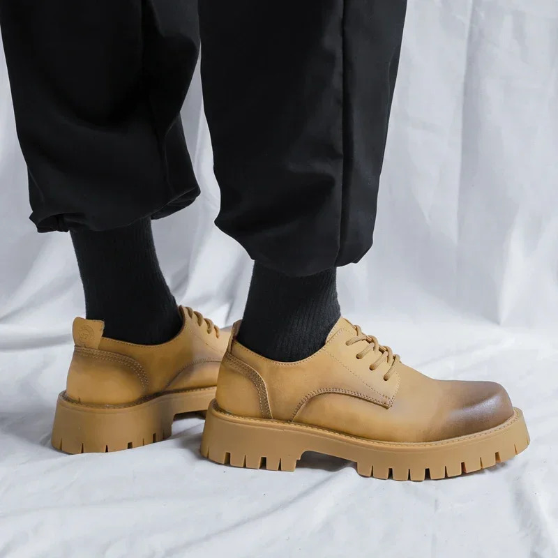 Men Korea Leather Platform Oxfords Slip On Thick Tottom For Male Derby Shoes Casual Loafers Mens Square Toe Formal Dress Shoes 251225