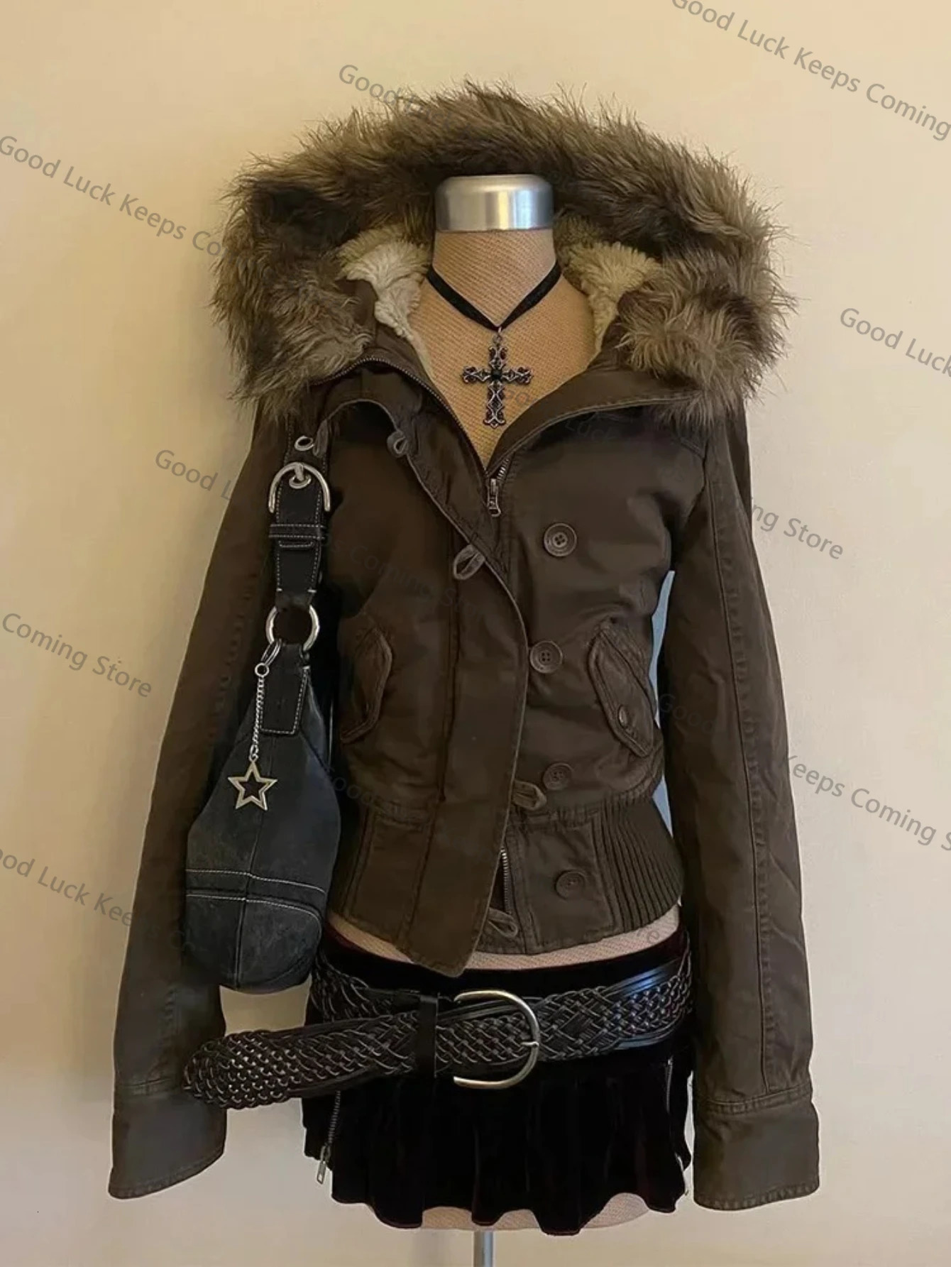 Essential brown fur collar hooded short jacket in Europe and America in autumn and winter Y2K fashionable versatile super warm 251222