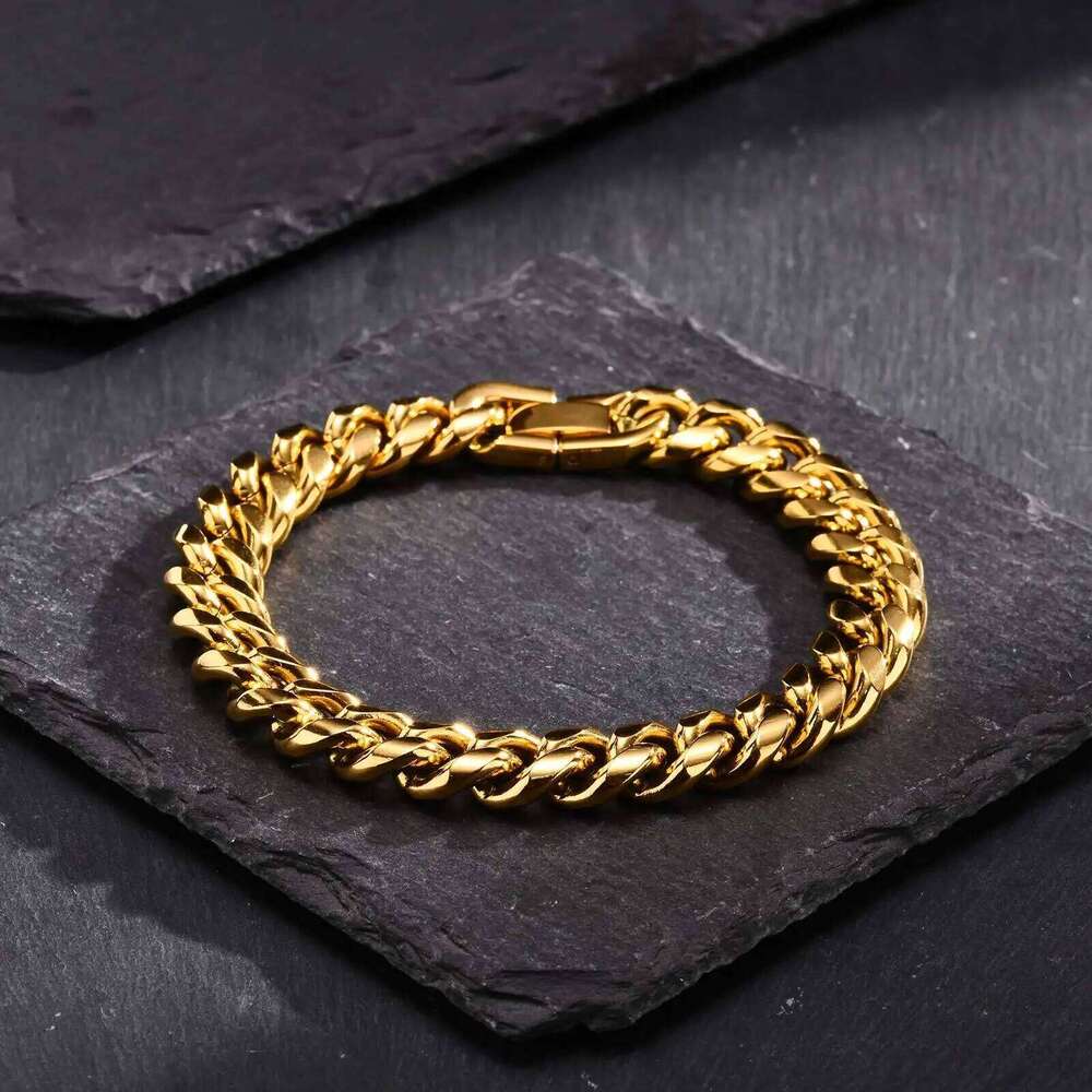 Gold Color Cuban Bracelets for Men,6/8/10/12MM Stainless Steel Chain Link Wristband,Casual Hip Hop Male Jewelry Gift 25T1226